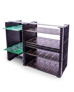 Two sides plus a center wall constructed Fami PCB rack. An easy to assemble and adjust rack that can be used vertically or horizontally.